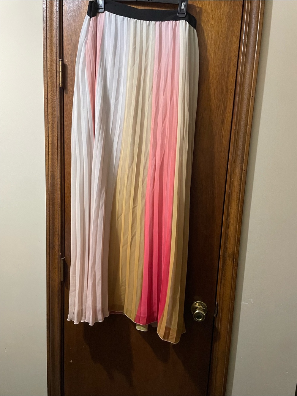 Madison Pleated Ombre Maxi Skirt in Pink, Cream & Tan with Black Waistband